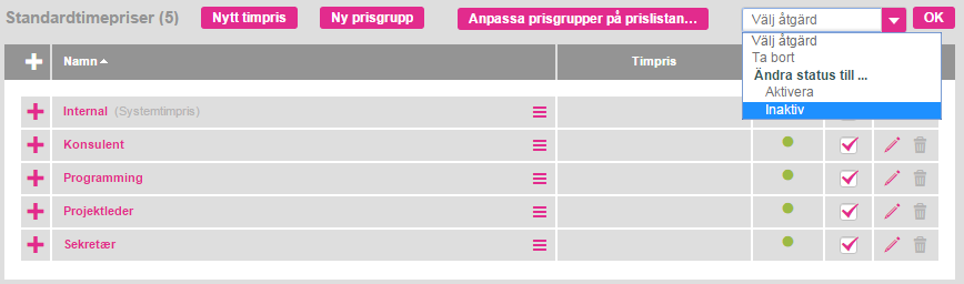 Figur 9 Markera de önskade timpriserna och välj Inaktiv i menyn för att avaktivera flera timpriser åt gången. 3.4 Ta bort ett timpris 1.