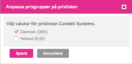 Figur 17 Dialog för anpassning av kundprislistor Bortvalda prisgrupper kommer hädanefter inte längre att finnas med i listan med kundprislistor OBS! Prisgrupper som används, kan inte avaktiveras.