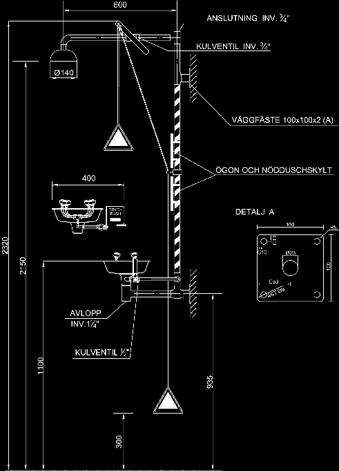 Tilledning dimensioneras för minimum flöde 76 l/min vid 2,4 bar tryck.