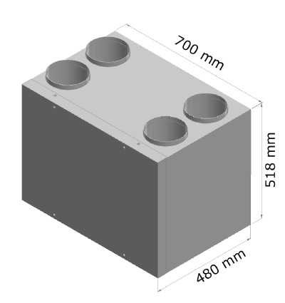 A110T Teknisk data A110T Kapacitet, l/s 20-110 Bredd, mm 700 Djup, mm 480 Höjd, mm 520 Vikt, kg 49 Kanalanslutning, mm ( nippel) 4 x 160 Effekt fläkt, nom, W 2 x 96 Fläktvarvtal, nom, rpm 3374 Effekt