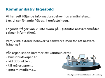 Bild 20-21, visa några exempel på samordnade budskap som använts i verkligheten. Finns fler exempel? Har någon egna erfarenheter? 7. Kort rast (5 min) 8.