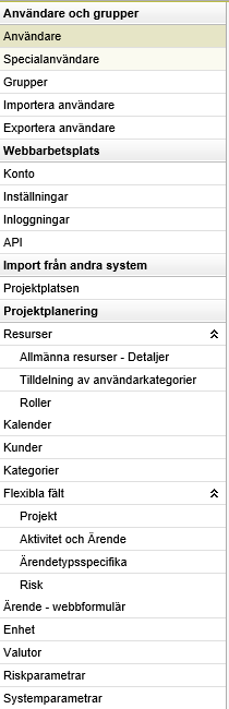 Admin Uppsättning av användare, grupper samt olika former av inställningar görs under adminfliken,.