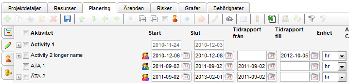 Fliken Aktivitetsdetaljer Här hanteras aktivitetsdetaljer, t ex under vilken period som en resurs kan rapportera tid på en aktivitet.
