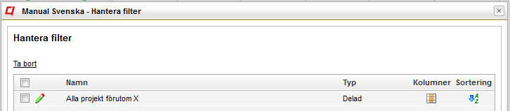 Sparade filter hanteras genom att klicka på Hantera filter i filterpanelen. För varje filter är det möjligt att ändra kolumnval och sorteringsordning.