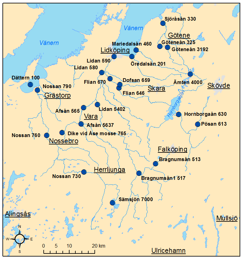 Figur 1. Provtagningsstationer avseende vattenkemisk provtagning år 2012 År 2012 provtogs bottenfauna vid åtta lokaler i rinnande vatten (Bilaga 1 och Figur 2). Dessa undersöks vart tredje år.