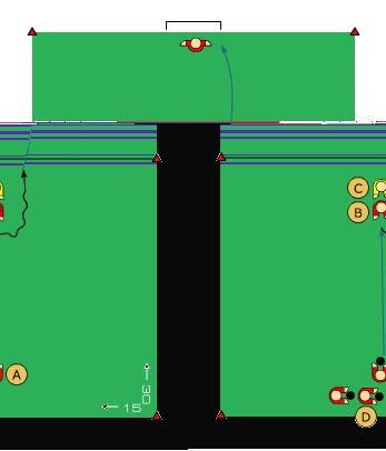 Syfte: mot motståndare och avslutning 8 spelare/ bollar En av spelarna står i mål, alternera. Yta: 30 x 15 m. Spelare A passar bollen till spelare B som markeras av försvarande spelare C.