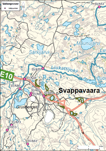 Recipientkontroll SVA53 SVA55 SVA24 SVA02 SVA65 SVA05 SVA73 SVA13 Recipientkontroll utförs i dessa provtagningspunkter i och omkring Svappavaara.