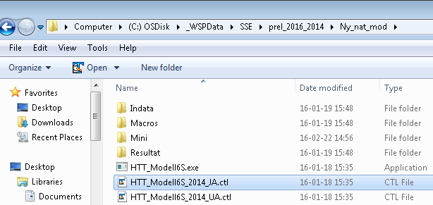Själva modellexekveringsfilen (*.exe) och styrfilerna för JA och UA (*.ctl) lagras direkt under katalogen Ny_nat_mod. Övriga filer har delats upp i fyra underkataloger. I katalogen.