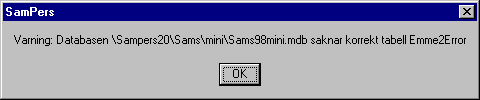 Vid start av Sampers kontrolleras varje Scenario och dess SAMS.mdb om tabellen Emme2Errors finns och om den saknas får man ett varningsmeddelande om detta. 4.