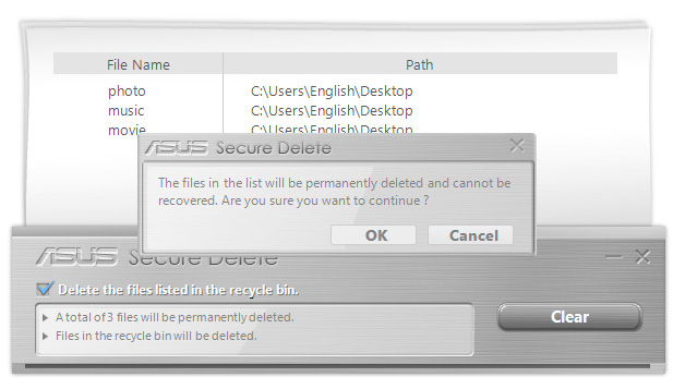 Högerklicka på filen och välj ASUS Secure Delete. 2. För att ta bort en fil från raderingslistan, markera filen och klicka på. 3.