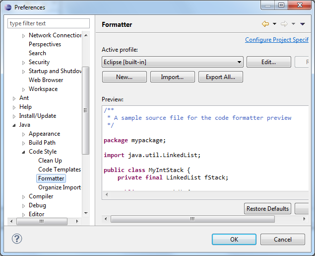 Eclipse har automatisk kod-formattering, och det går att välja olika profiler, och även