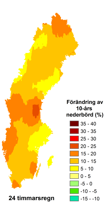 Beräknad ändring av intensiva regn från 1981-2010 till 2071-2100 Referens tills vidare: Olsson, J., and K.