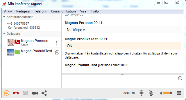 30 Phonera Växel Datorklient 7. Min konferens Min konferens är din egen personliga chatt, telefon- och videokonferens som du når via ikonen. Här kan du även dela din skärm.