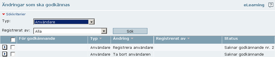 Ändringar för godkännande I vänstermenyn under Administration kan du se vilka ändringar av användare som saknar ett andra godkännande. Registrerat av Fältet är som standard utfyllt med Alla.