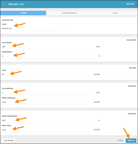 När valda prisuppgifter är ändrade klickar du på NÄSTA.