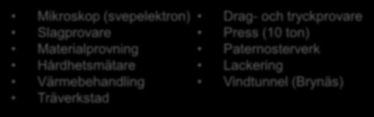 Laboratorieutrustning 1 st CNC fräs, 5-axlig simultan bearbetning 1 st CNC Svarv, 4-axlig med drivna verktyg (vt15) Styrsystem, Fanuc, Fagor, Heidenhain Pelarborrmaskin Svets, Mig-Mag, Tig och gas 3D