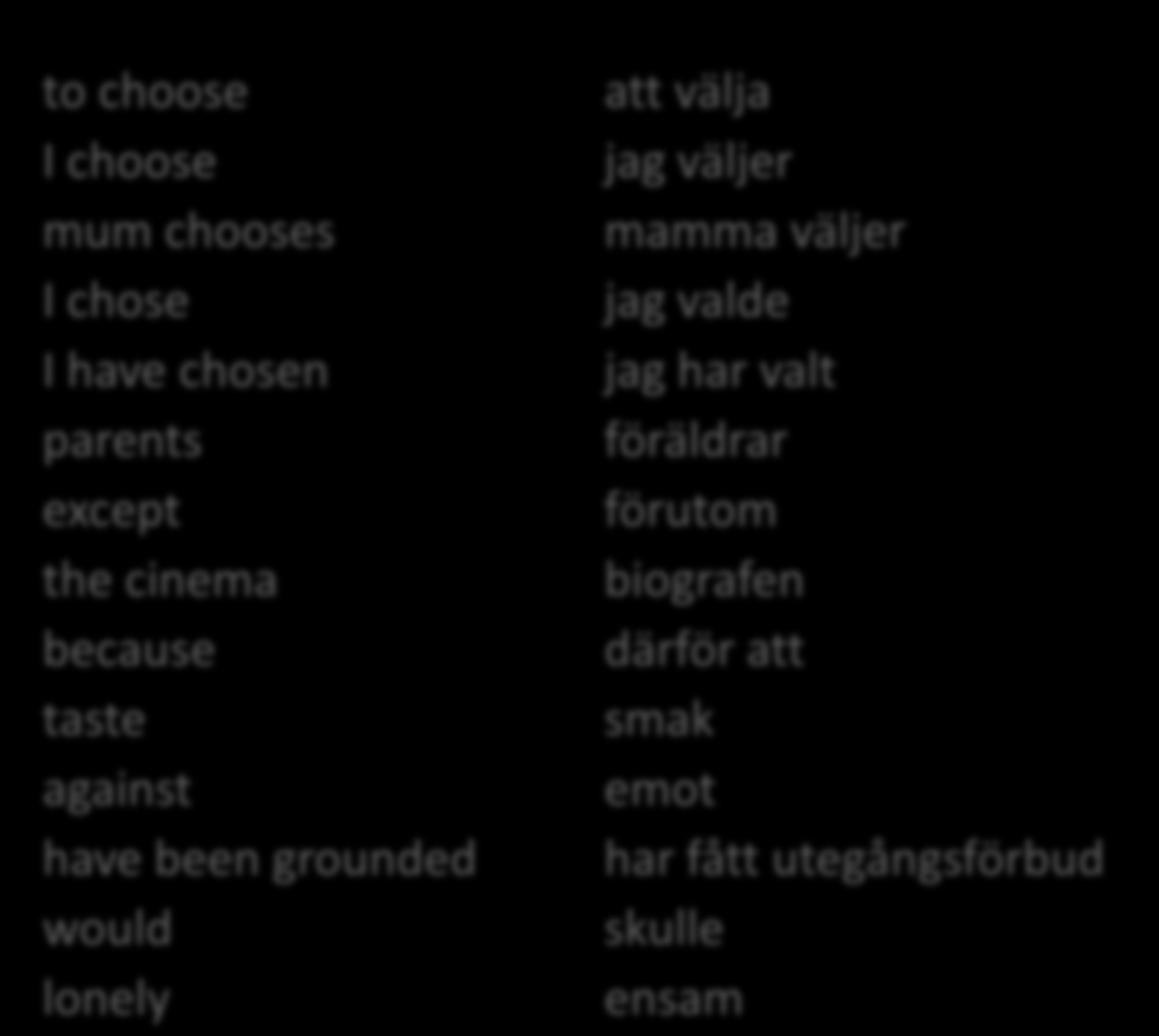 GLOSLISTA to choose I choose mum chooses I chose I have chosen parents except the cinema because taste against have been grounded would lonely att välja jag väljer mamma väljer jag valde jag har valt