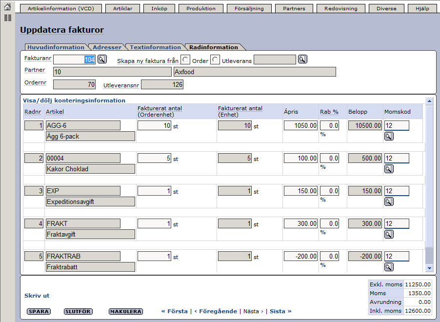 Senast uppdaterat: 11-03-07 Exder Axfood grossist ESAP 20.1 v1.5 sida 34 av 39 Vi klickar på fliken Radinformation. Här visas de fakturarader som ingår i fakturan.