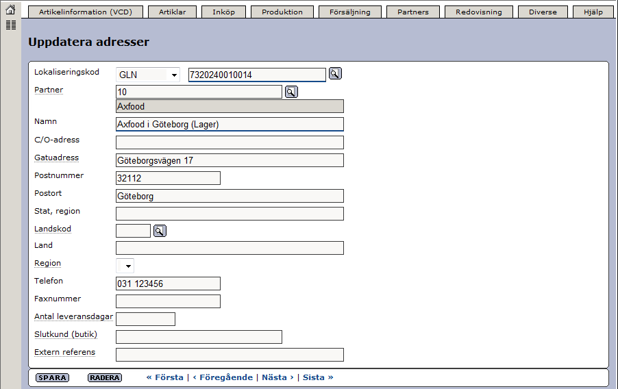 Senast uppdaterat: 11-03-07 Exder Axfood grossist ESAP 20.1 v1.5 sida 8 av 39 Här ser ni ett exempel på hur det ser ut när en adress är upplagd i adressregistret.