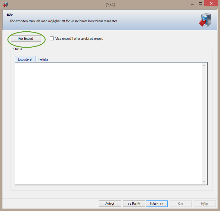 Verktyget Export - -hur installera, behörighetsstyra och använda modulen Export med generella format WIZARD SIDA 3 KÖR I steg tre kan man välja att klicka på knappen Kör Export och därmed utföra