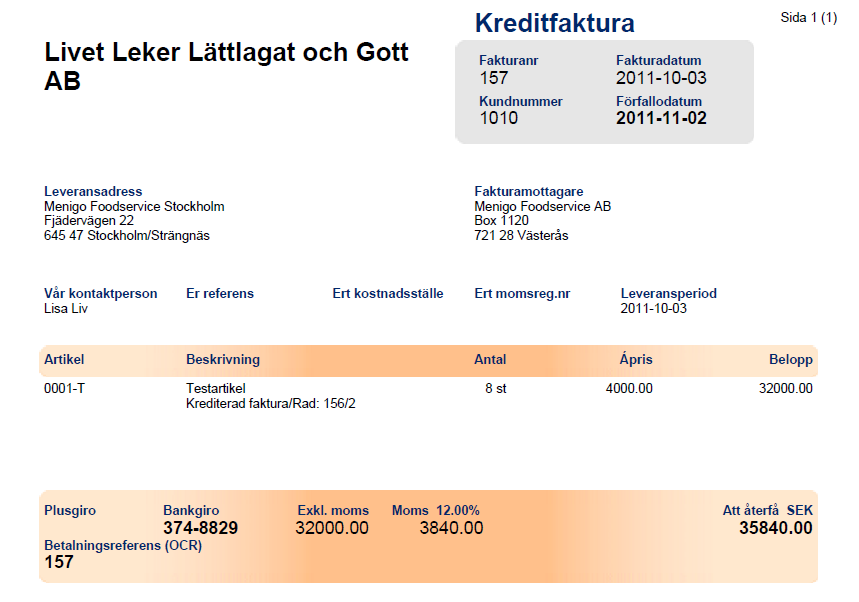 Senast Uppdaterad: 11-10-03 Exder Menigo EDI ESAP 20.1 Sida 34 av 34 I vårt exempel ser då kreditfakturan ut så här. 3.11.3 Returer Returer hanteras manuellt efter kontakt med Menigo. 3.11.4 Lista Fakturor Vill ni ha en översikt över era fakturor kan ni göra detta i rutinen Lista fakturor.