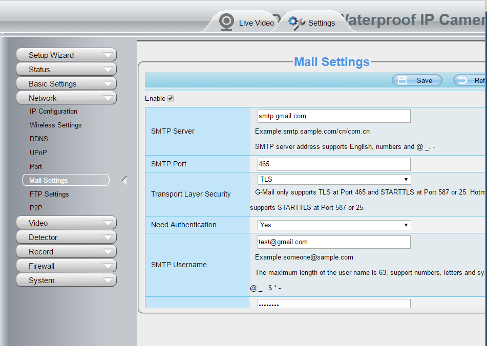 Gå till - Network Mail Settings och fyll i uppgifter enligt ansivningar (exempel för Gmail nedan): Ifall du använder gmail,