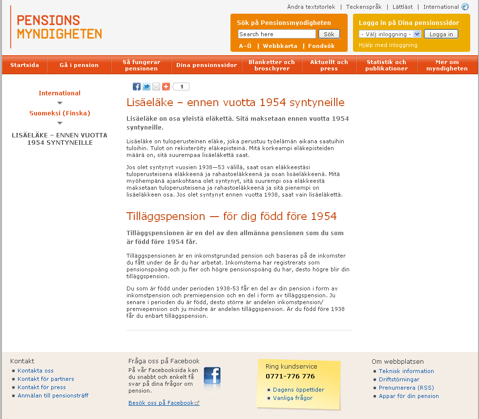 Bild 4. En webbsida ur den sverigefinska textgruppen. Icke-verbalspråkliga element såsom bilder i texterna behandlas i delstudie 1 (se avsnitt 7.1).