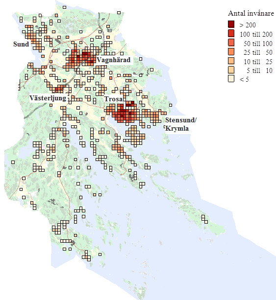 Befolkning i Trosa kommun (2009) fördelad på 250-meters rutor (Källa: SCB) Kommundel 1 Folkmängd 30/09-2010 Förändring sedan 2004 Västerljung 1 072 + 21 Trosa 6 152 + 714 Vagnhärad 4 241 + 118