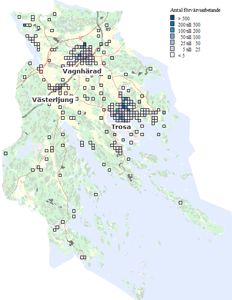 Antal förvärvsarbetande 2008 (dagbefolkning) per 250-metersruta i Trosa kommun (Källa: SCB) Arbetspendling Trosa kommun är en kommun med nettoutpendling och har en hög siffra när det gäller