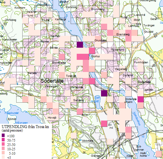 Kommun Inpendling Utpendling Södertälje 188 1 352 Stockholm 113 624 Nyköping 324 282 Gnesta 123 Huddinge 116 Solna 88 Botkyrka 79 Arbetspendling från och till Trosa kommun 2009 2 (Källa: SCB)