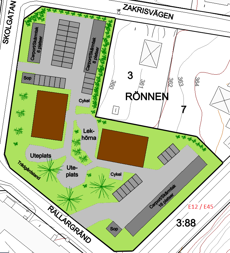 Figur 2. Illustration på byggnadernas placering inom planområdet (Miljö- och samhällsbyggnadskontoret 2016).