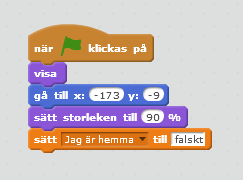 Nu ska du med hjälp av variablerna få din figur att hoppa mellan de olika platserna som du märkt ut på din karta. Gå till kodytan för figursprajten.