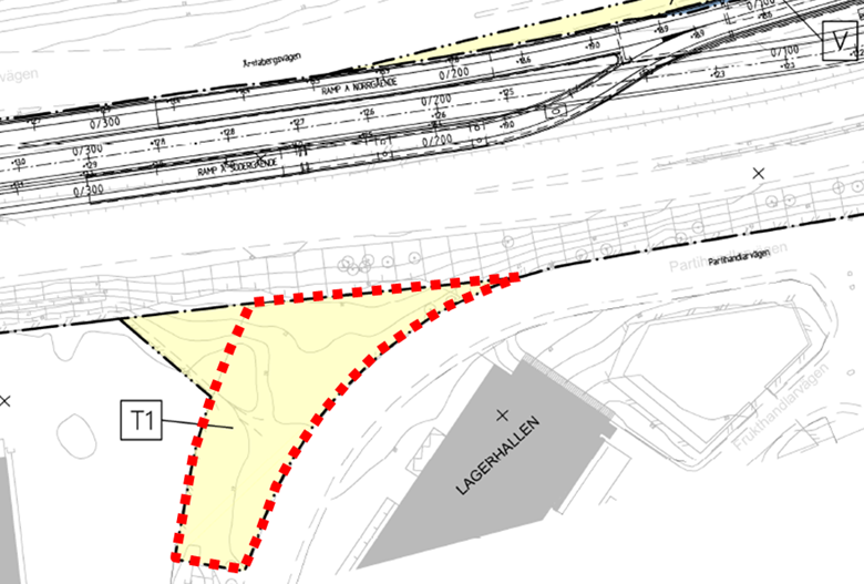 Figur 2 - det andra området markerat med röd streckad linje Möjligheten för Trafikverket att tillhandahålla nyttjanderättsupplåtelse för det första området (figur 1) är begränsat och för det