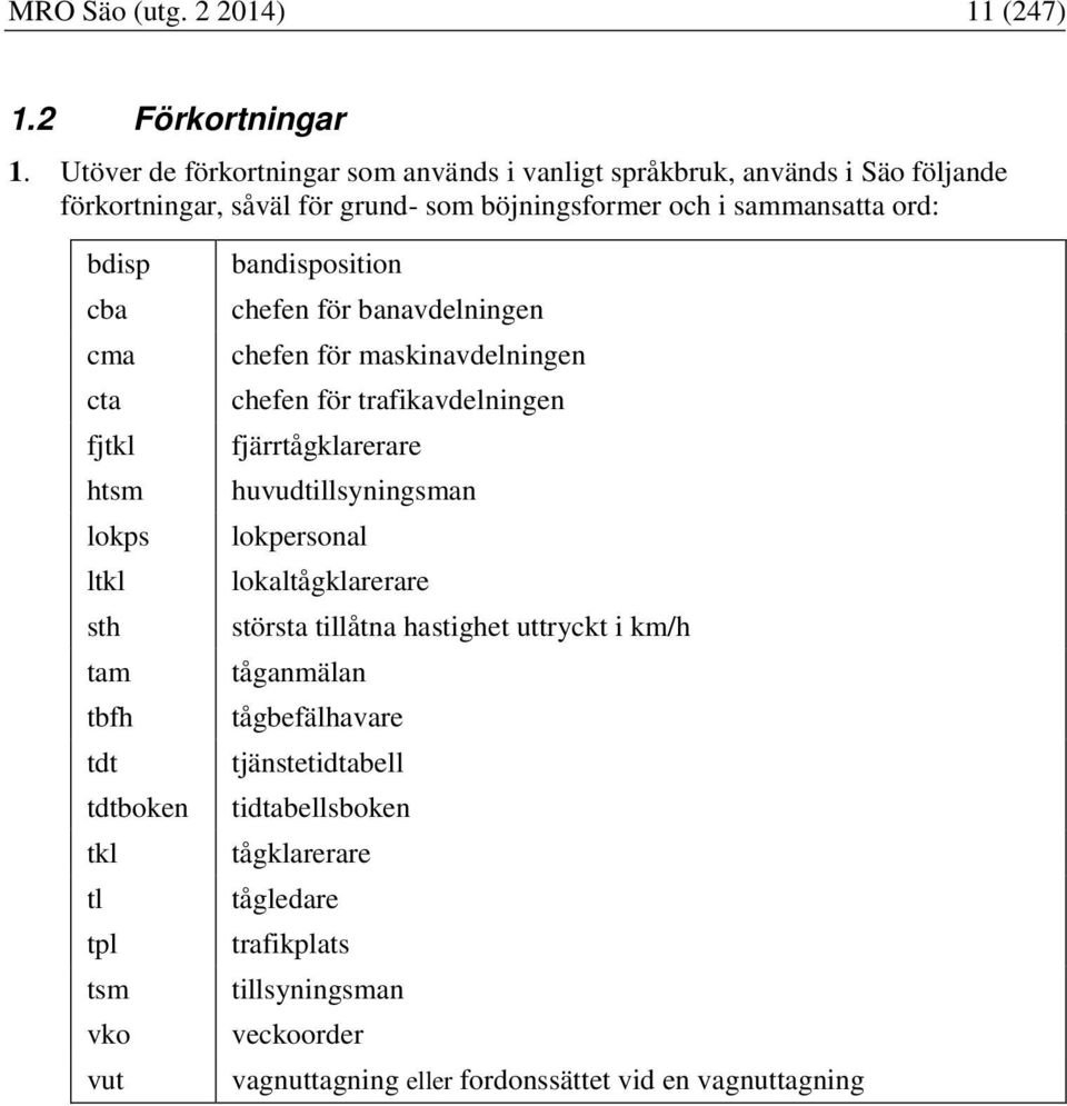 cta fjtkl htsm lokps ltkl sth tam tbfh tdt tdtboken tkl tl tpl tsm vko vut bandisposition chefen för banavdelningen chefen för maskinavdelningen chefen för