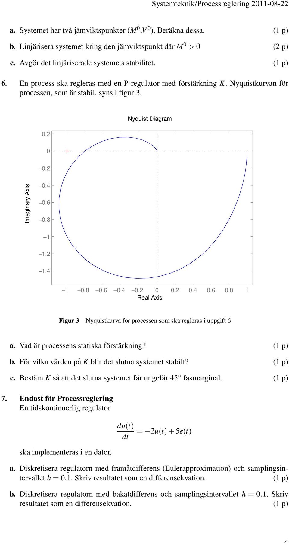 2 0.4 0.6 0.8 1 Real Axis Figur 3 Nyquistkurva för processen som ska regleras i uppgift 6 a. Vad är processens statiska förstärkning? (1 p) b. För vilka värden på K blir det slutna systemet stabilt?