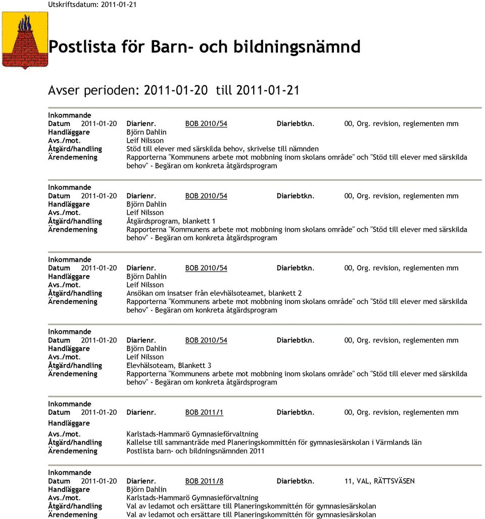 revision, reglementen mm Karlstads-Hammarö Gymnasieförvaltning Kallelse till sammanträde med Planeringskommittén för gymnasiesärskolan i Värmlands län Ärendemening Postlista barn- och