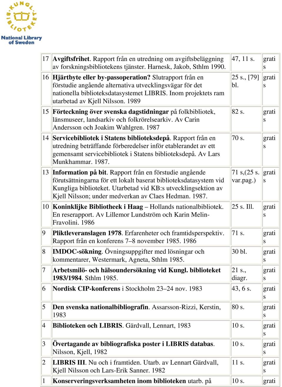 1989 15 Förteckning över venka dagtidningar på folkbibliotek, länmueer, landarkiv och folörelearkiv. Av Carin Anderon och Joakim Wahlgren. 1987 14 Servicebibliotek i Staten bibliotekdepå.