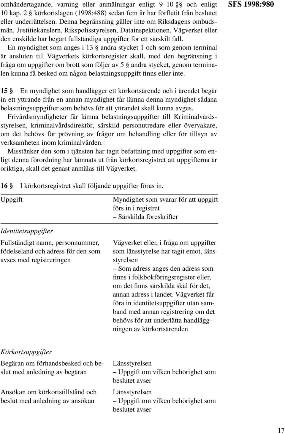 En myndighet som anges i 13 andra stycket 1 och som genom terminal är ansluten till s körkortsregister skall, med den begränsning i fråga om uppgifter om brott som följer av 5 andra stycket, genom