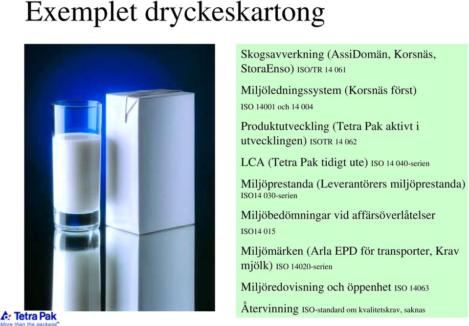 Miljöprestanda (Leverantörers miljöprestanda) ISO14 030-serien Miljöbedömningar vid affärsöverlåtelser ISO14 015 Miljömärken (Arla