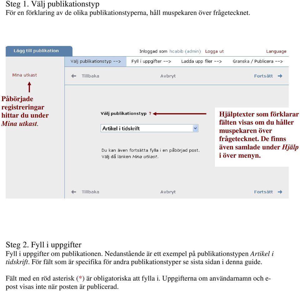 De finns även samlade under Hjälp i över menyn. Steg 2. Fyll i uppgifter Fyll i uppgifter om publikationen.