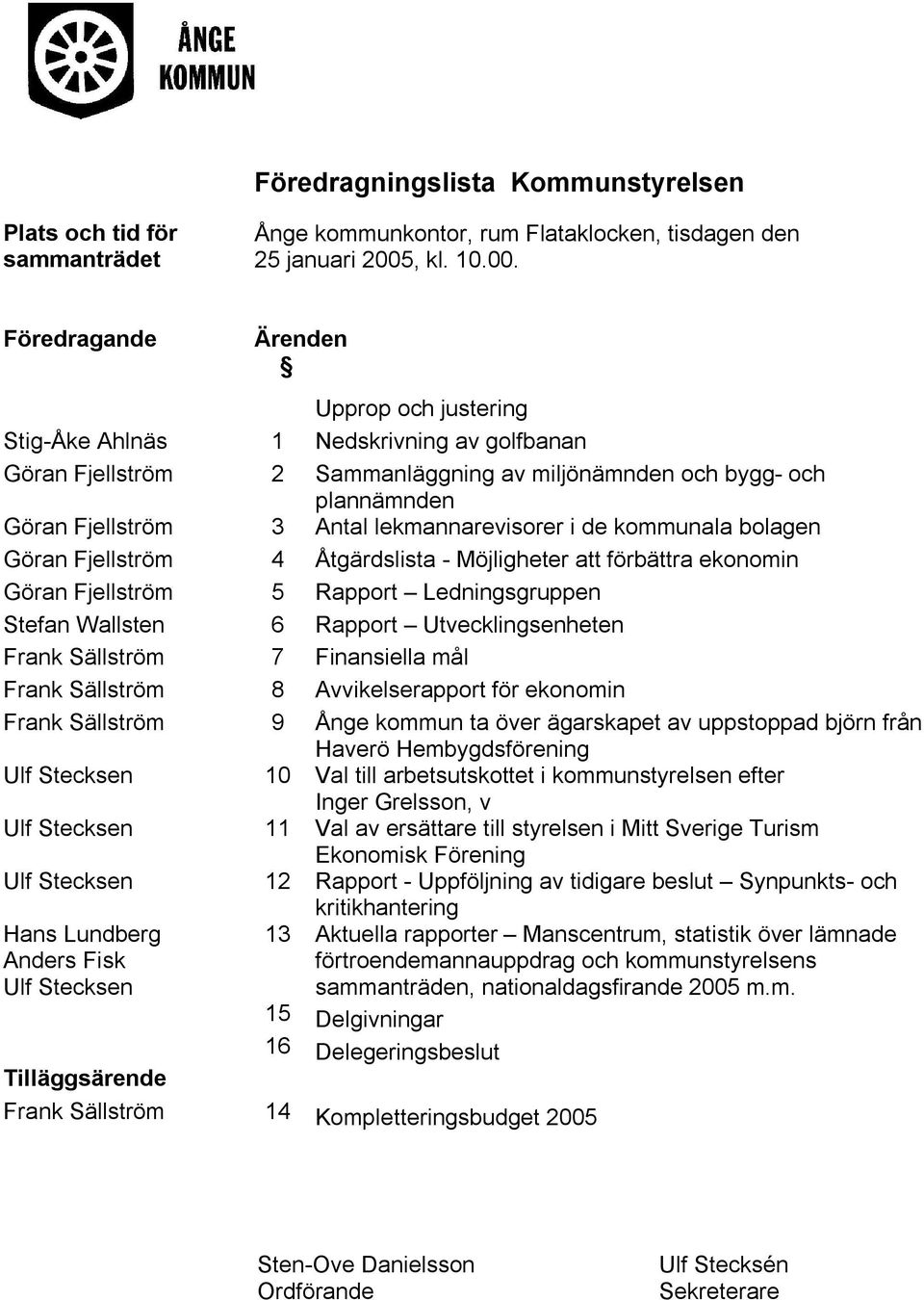 Föredragande Ärenden Upprop och justering Stig-Åke Ahlnäs 1 Nedskrivning av golfbanan Göran Fjellström 2 Sammanläggning av miljönämnden och bygg- och plannämnden Göran Fjellström 3 Antal