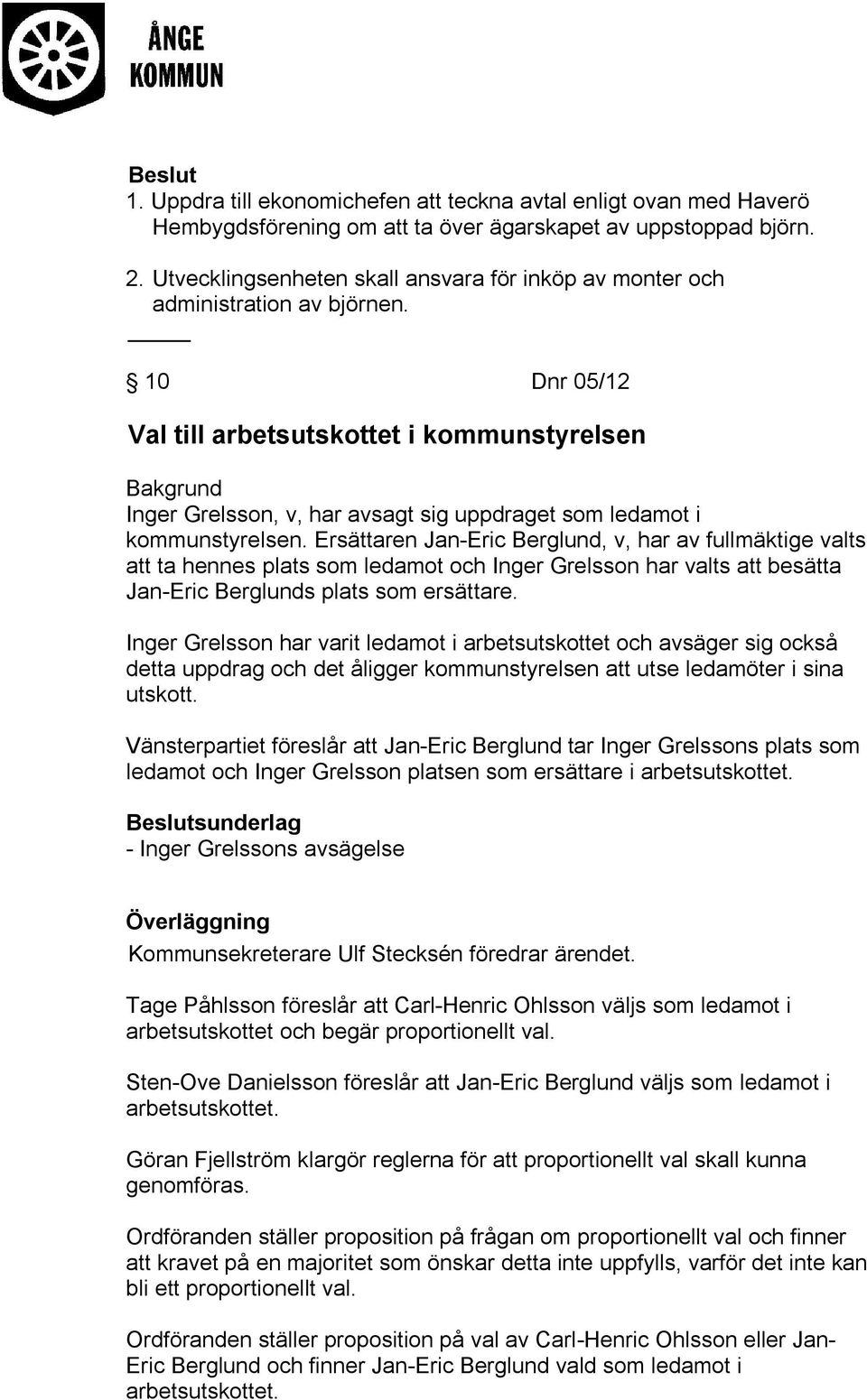 10 Dnr 05/12 Val till arbetsutskottet i kommunstyrelsen Inger Grelsson, v, har avsagt sig uppdraget som ledamot i kommunstyrelsen.