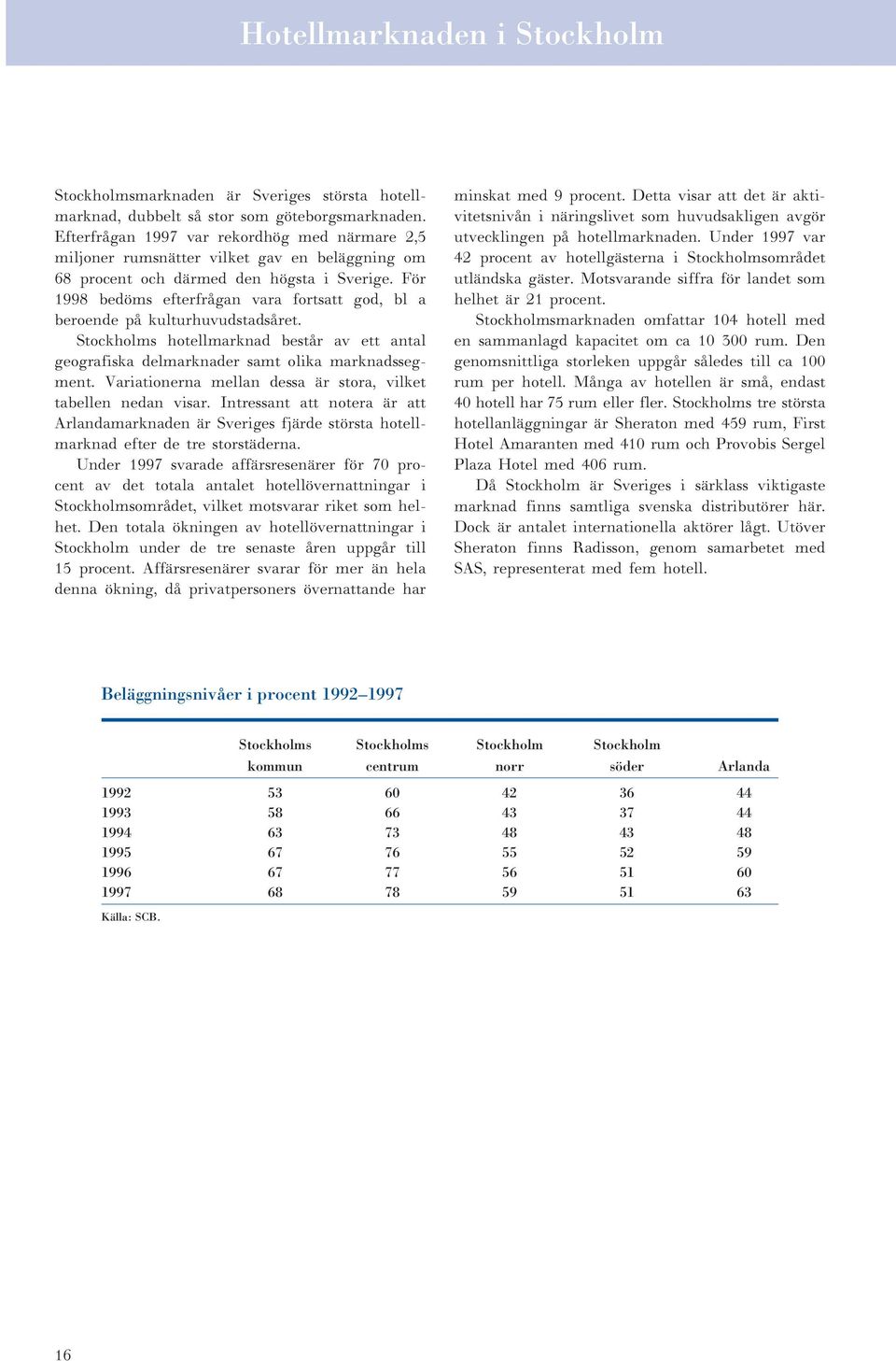 För 1998 bedöms efterfrågan vara fortsatt god, bl a beroende på kulturhuvudstadsåret. Stockholms hotellmarknad består av ett antal geografiska delmarknader samt olika marknadssegment.