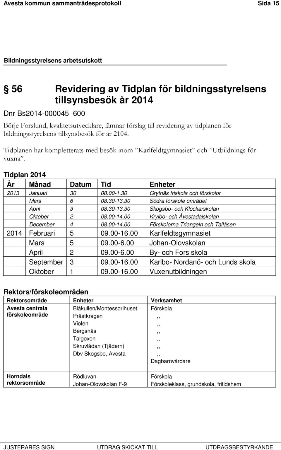 Tidplan 2014 År Månad Datum Tid Enheter 2013 Januari 30 08.00-1.30 Grytnäs friskola och förskolor Mars 6 08.30-13.30 Södra förskole området April 3 08.30-13.30 Skogsbo- och Klockarskolan Oktober 2 08.