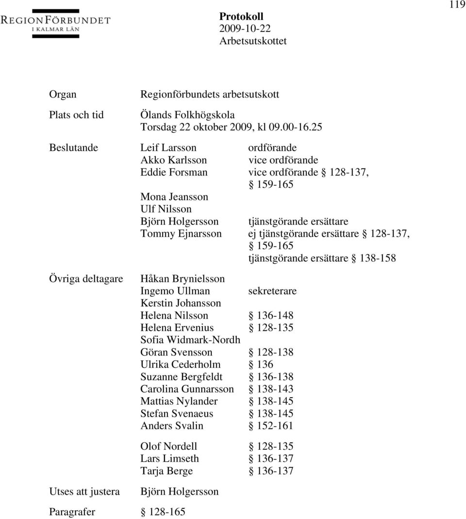 tjänstgörande ersättare 128-137, 159-165 tjänstgörande ersättare 138-158 Övriga deltagare Utses att justera Håkan Brynielsson Ingemo Ullman sekreterare Kerstin Johansson Helena Nilsson 136-148 Helena