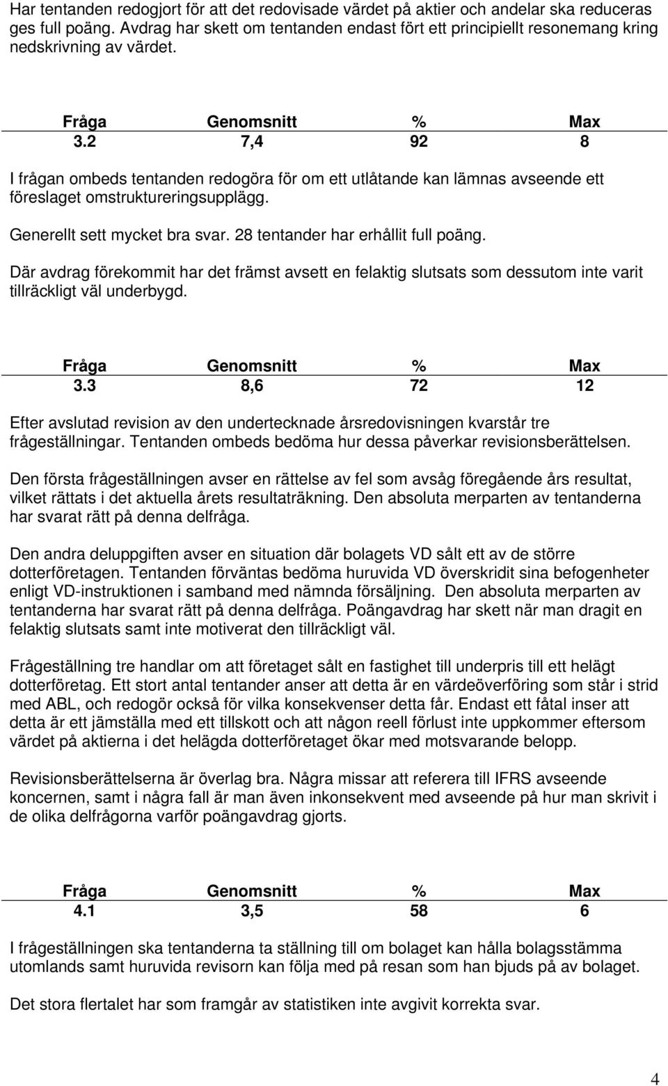 2 7,4 92 8 I frågan ombeds tentanden redogöra för om ett utlåtande kan lämnas avseende ett föreslaget omstruktureringsupplägg. Generellt sett mycket bra svar. 28 tentander har erhållit full poäng.