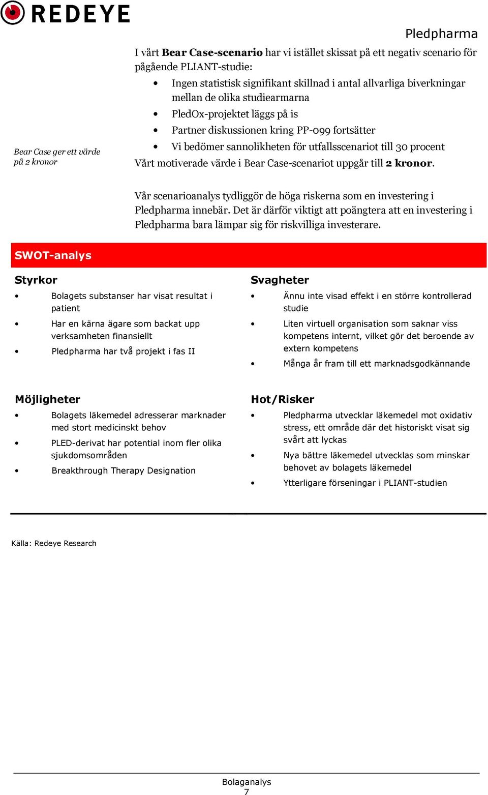 värde i Bear Case-scenariot uppgår till 2 kronor. Vår scenarioanalys tydliggör de höga riskerna som en investering i innebär.