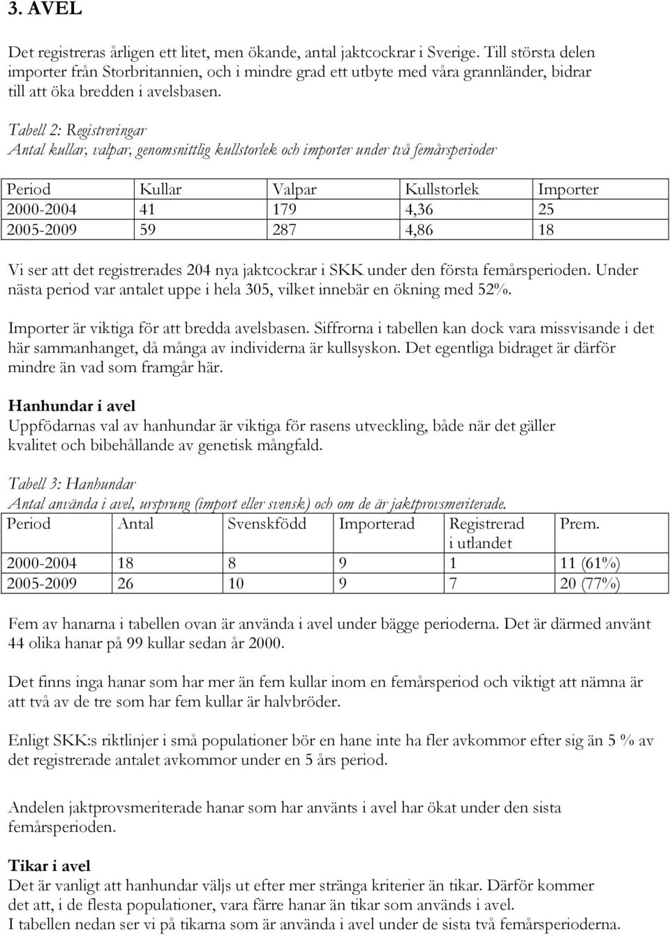 Tabell 2: Registreringar Antal kullar, valpar, genomsnittlig kullstorlek och importer under två femårsperioder Period Kullar Valpar Kullstorlek Importer 2000-2004 41 179 4,36 25 2005-2009 59 287 4,86