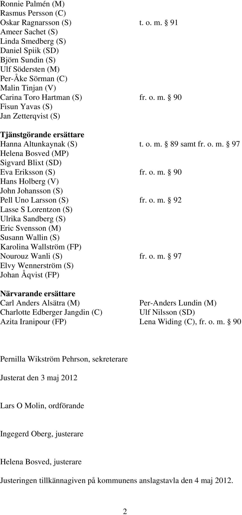 90 Fisun Yavas (S) Jan Zetterqvist (S) Tjänstgörande ersättare Hanna Altunkaynak (S) t. o. m. 89 samt fr. o. m. 97 Helena Bosved (MP) Sigvard Blixt (SD) Eva Eriksson (S) fr. o. m. 90 Hans Holberg (V) John Johansson (S) Pell Uno Larsson (S) fr.