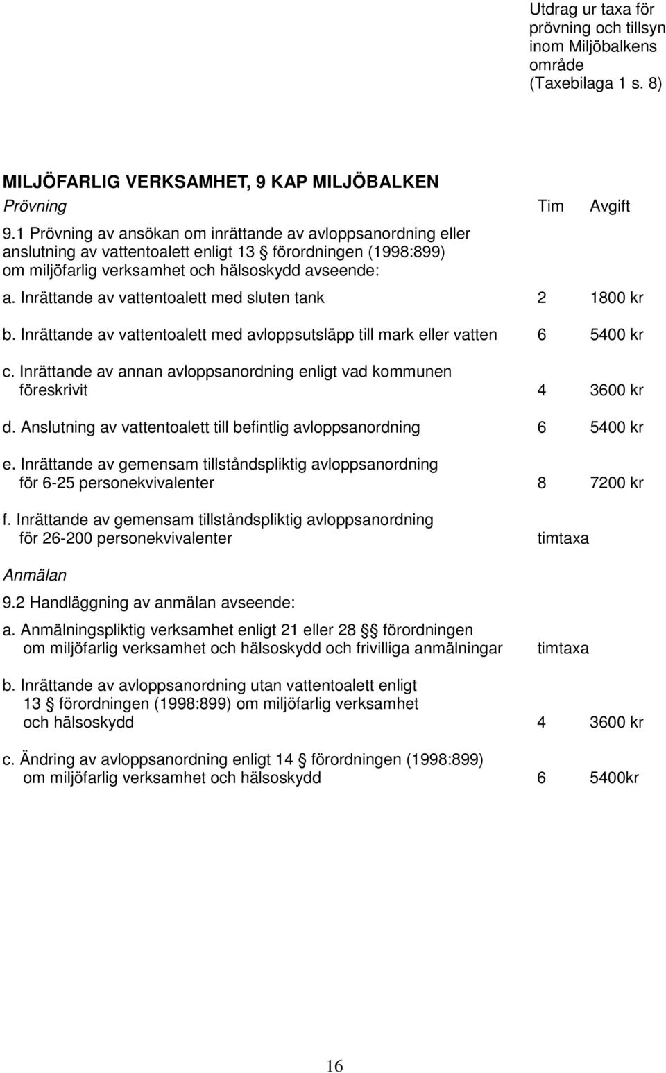 Inrättande av vattentoalett med sluten tank 2 1800 kr b. Inrättande av vattentoalett med avloppsutsläpp till mark eller vatten 6 5400 kr c.